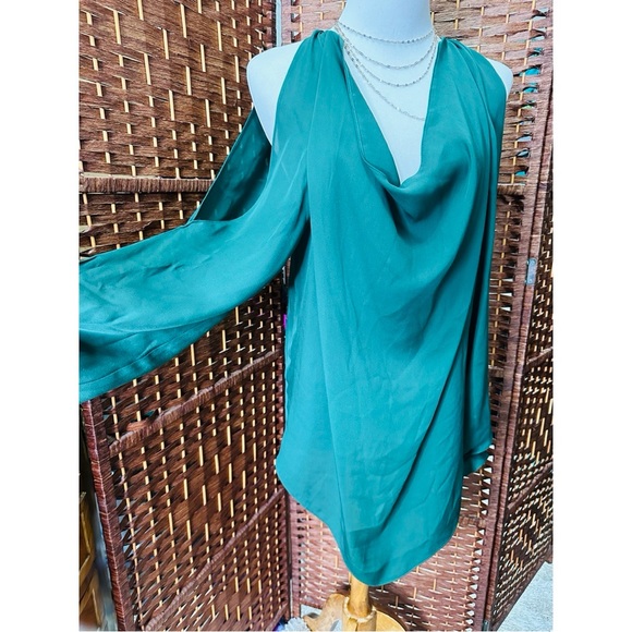 Haute Hippie Emerald Green Silk Cold Shoulder Blouse Med Cowl Neck - Picture 4 of 7